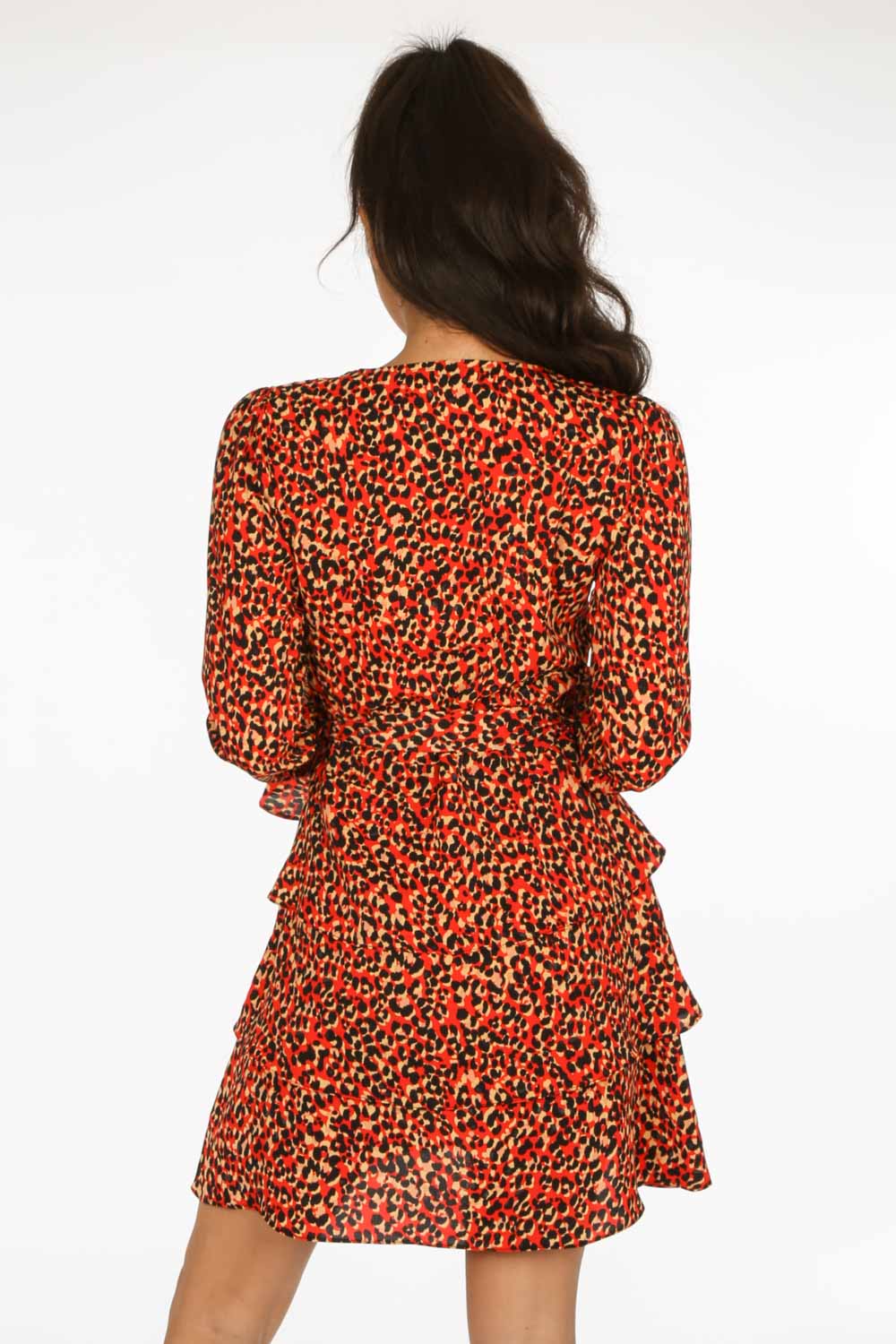 Red Leopard Print Frill Wrap Look Dress