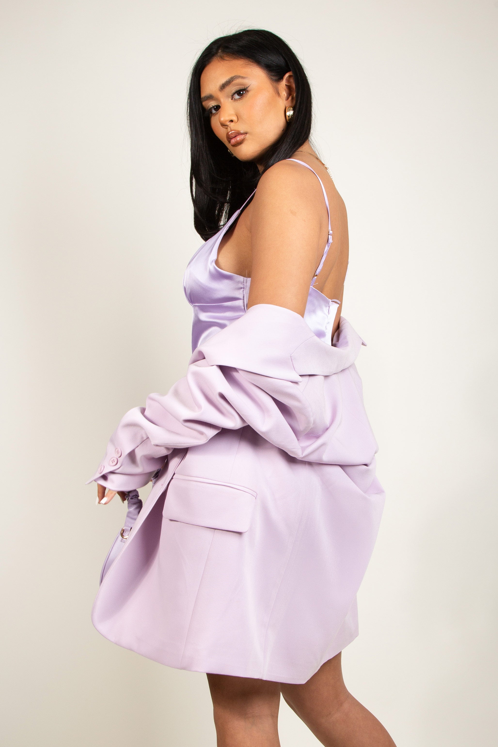 Satin Ruched Lilac Mini Dress