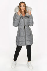Grey Long Quilted Puffer Coat With Belt