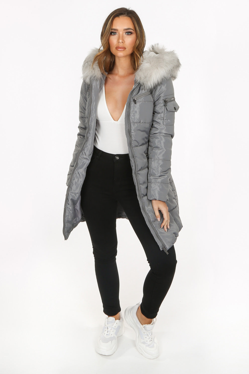 Grey Long Quilted Puffer Coat With Belt