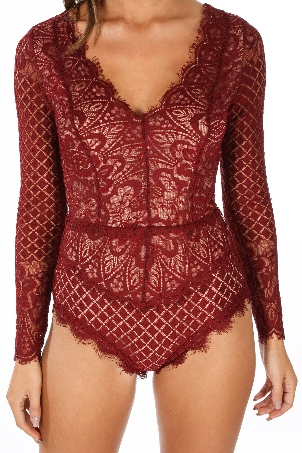 Burgundy Long Sleeve Contrast Lace Bodysuit