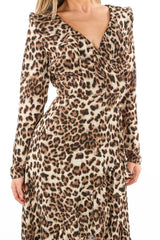 Long Sleeve Leopard Print Wrap Midi Dress