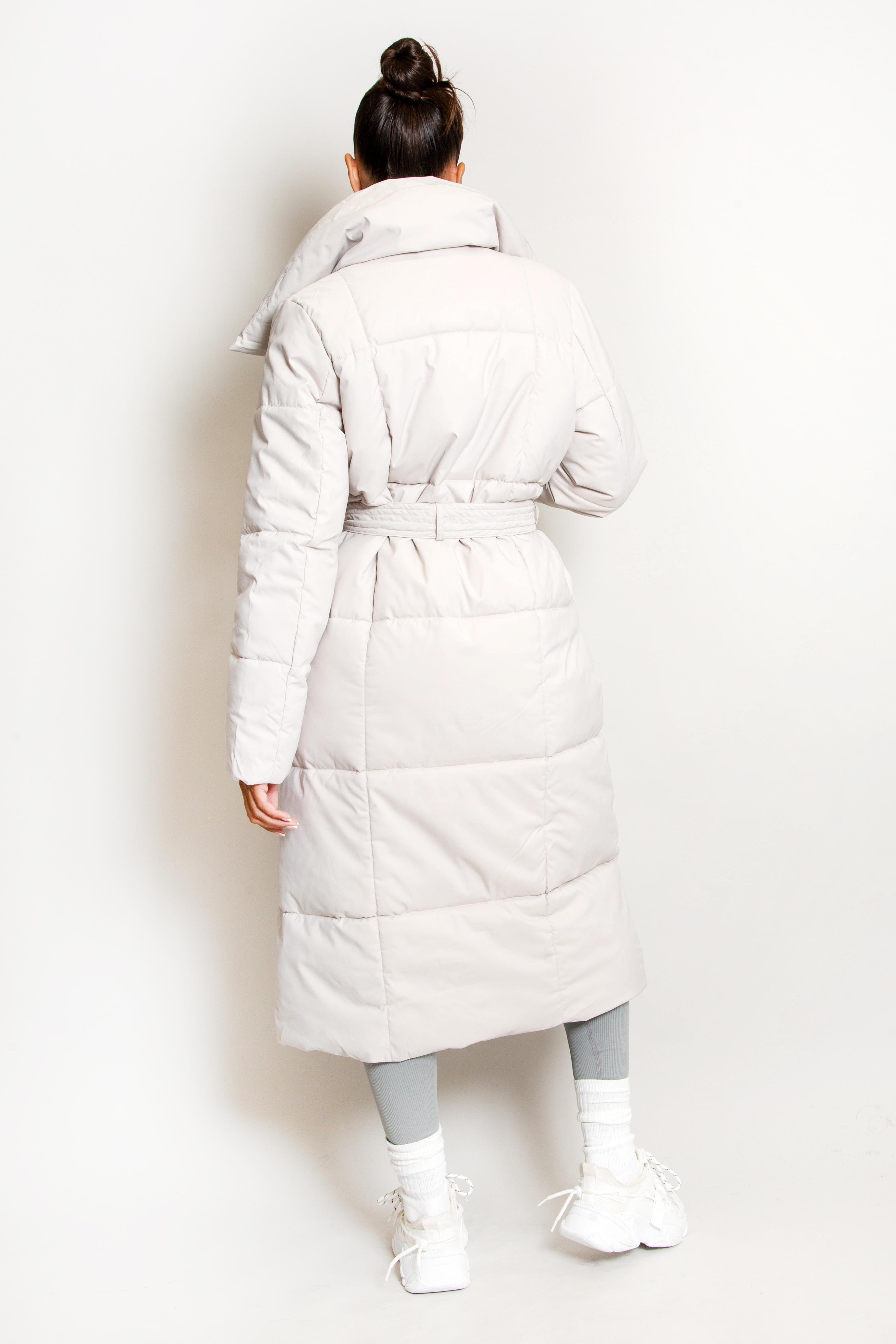 Stone Belted Oversized Collar Maxi Puffer Coat