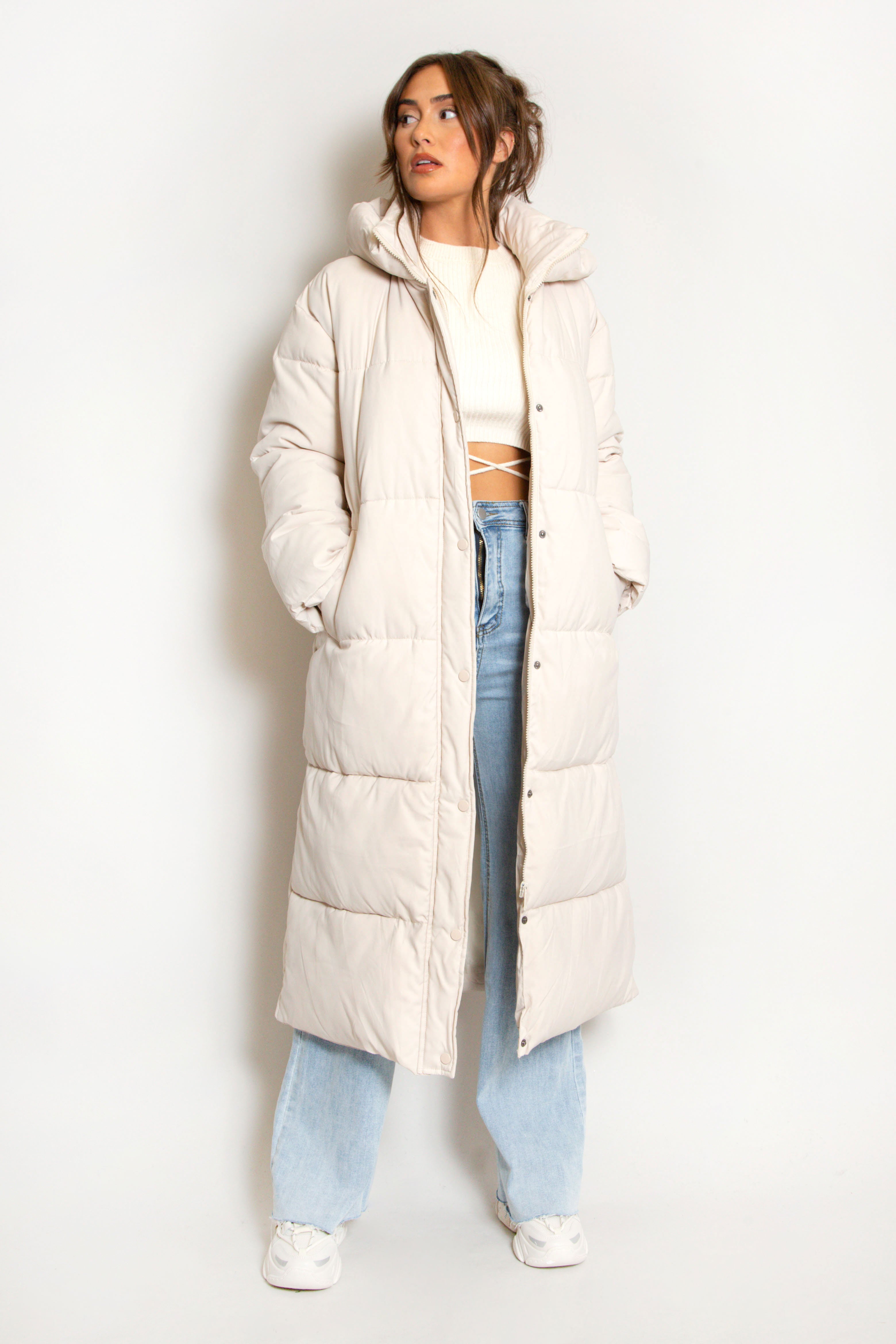 Beige Quilted Puffer Hooded Coat