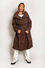 Chocolate Padded Duvet Belted Puffer Coat