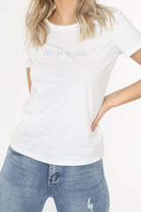 Shimmer Blue 'Falling In Love' White Slogan T-Shirt