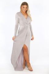 Silver Long Sleeve Lurex Maxi Dress With Split