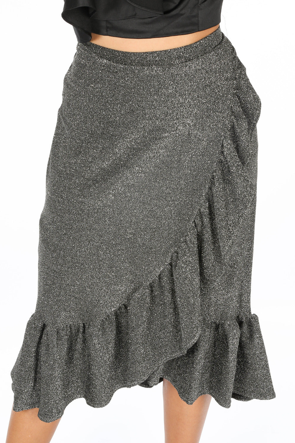 Grey Lurex Frill Midi Skirt