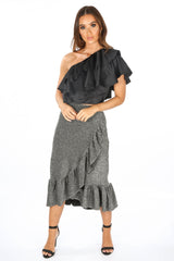Grey Lurex Frill Midi Skirt