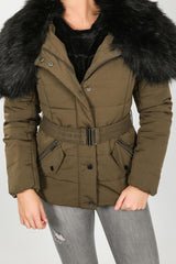 Khaki Belted Quilted Anorak With Faux Fur Collar