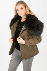 Khaki Belted Quilted Anorak With Faux Fur Collar