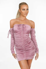 Pink Satin Ruched Bodycon Dress