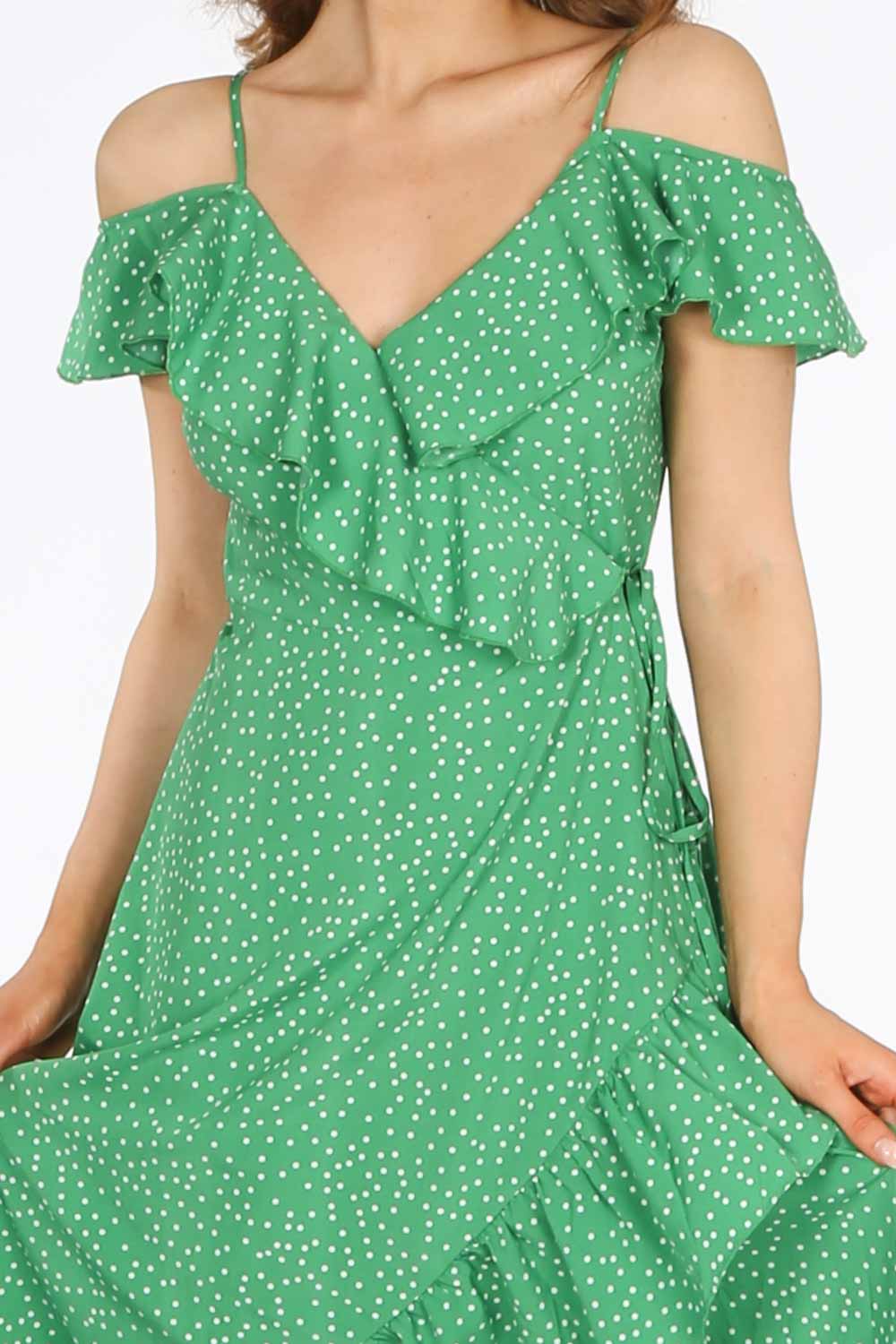 Green Polka Dot Print Cold Shoulder Wrap Dress