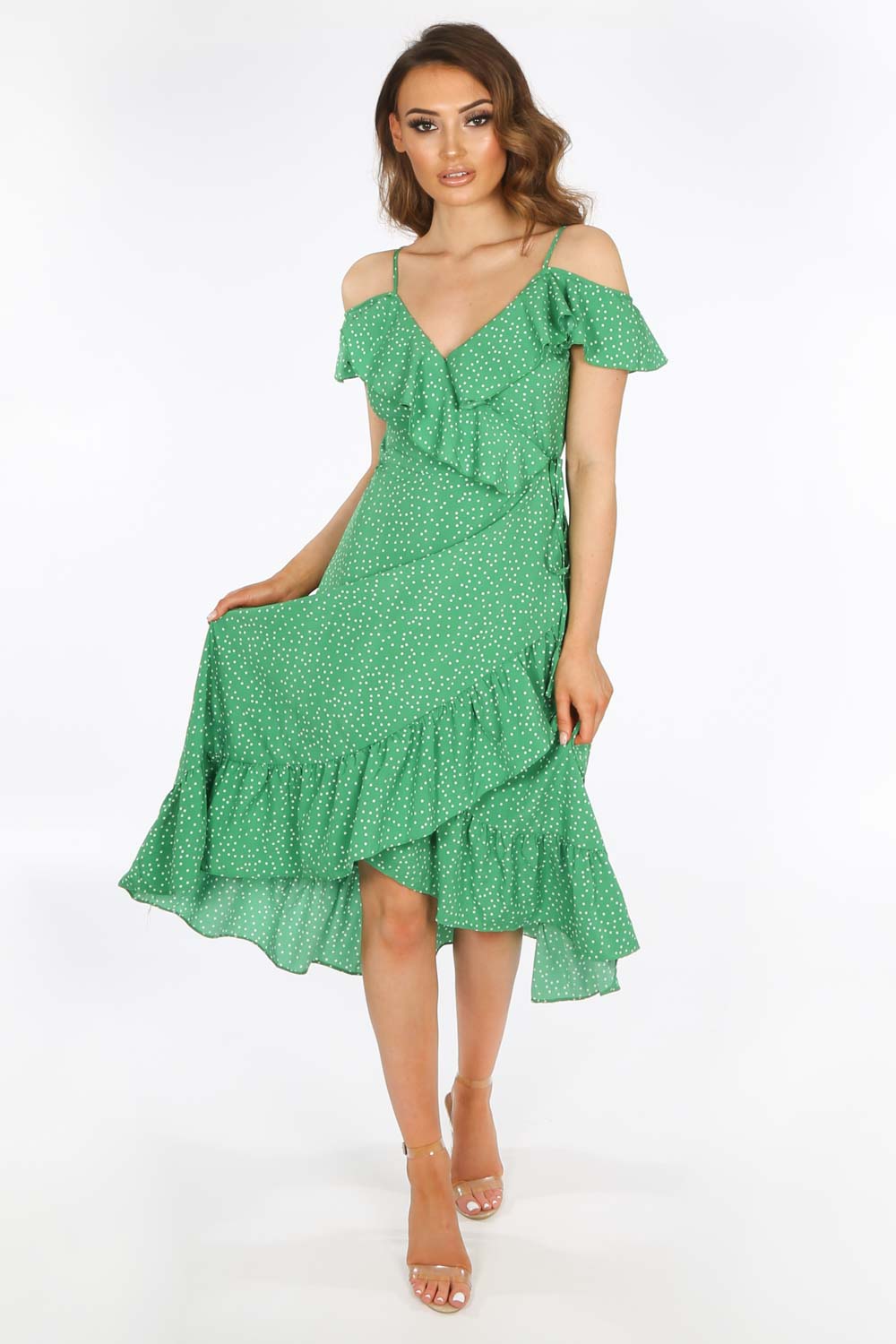 Green Polka Dot Print Cold Shoulder Wrap Dress