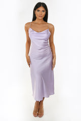 Lilac Diamante Strap Satin Midi Dress