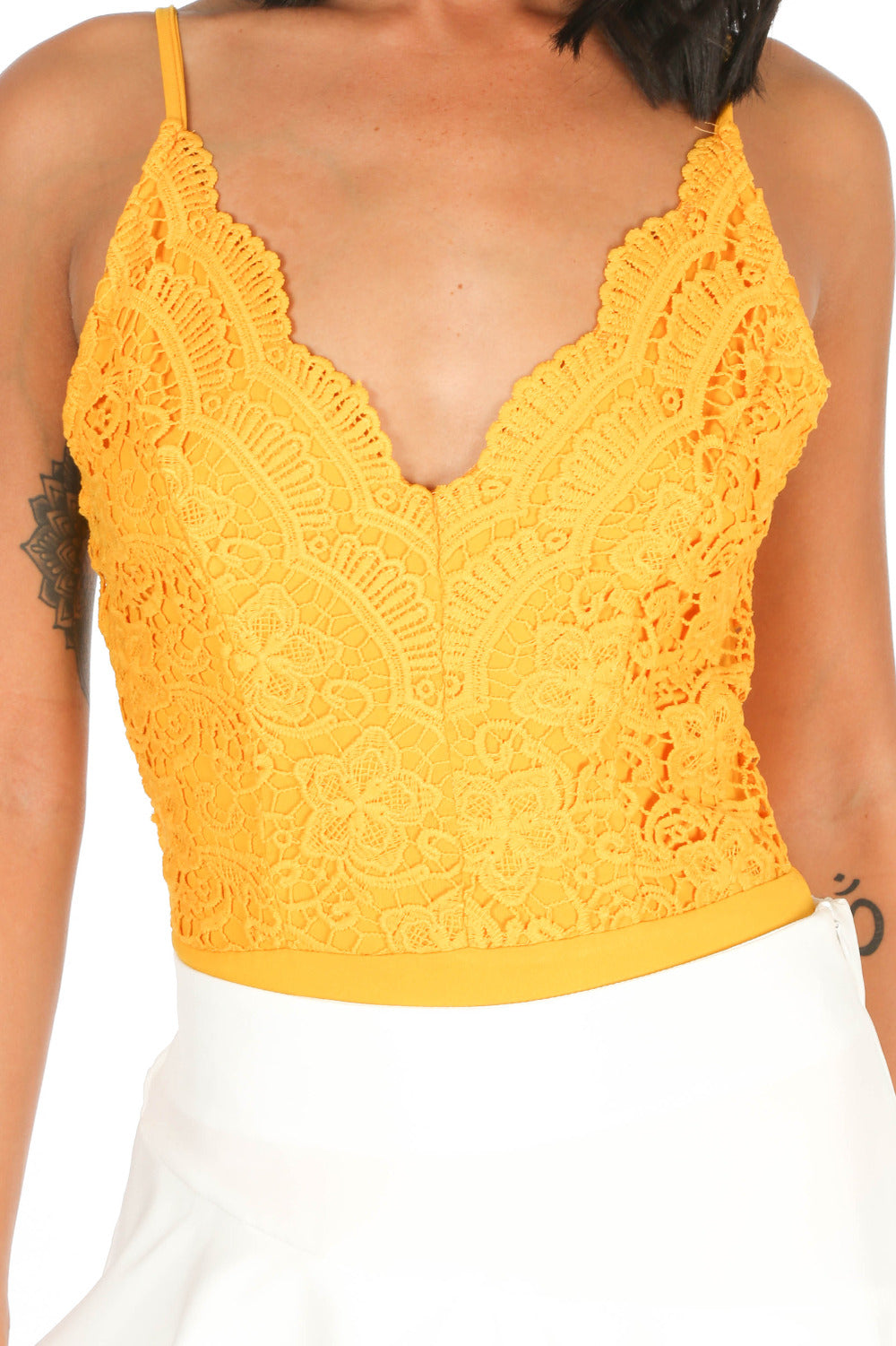 Mustard Scallop Edge Slinky Crochet Bodysuit