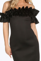 Black Neoprene Ruffle Bardot Midi Dress