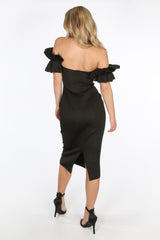 Black Neoprene Ruffle Bardot Midi Dress