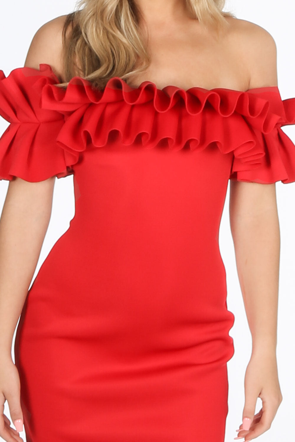 Red Neoprene Ruffle Bardot Midi Dress