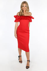 Red Neoprene Ruffle Bardot Midi Dress
