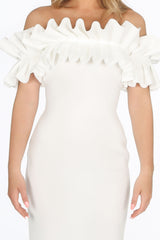 White Neoprene Ruffle Bardot Midi Dress