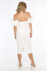 White Neoprene Ruffle Bardot Midi Dress