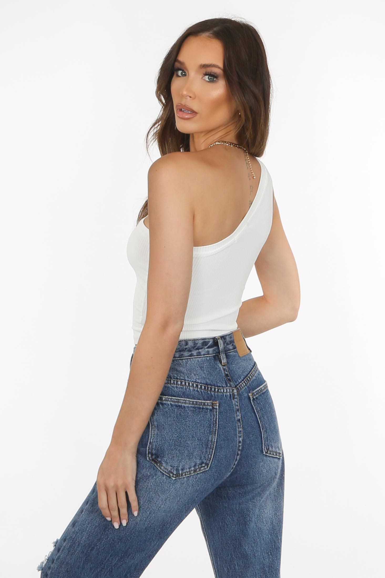 White One Shoulder Ribbed Crop Top