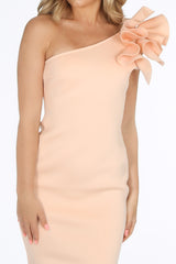 Light Pink One Shoulder Ruffle Midi Dress in Neoprene