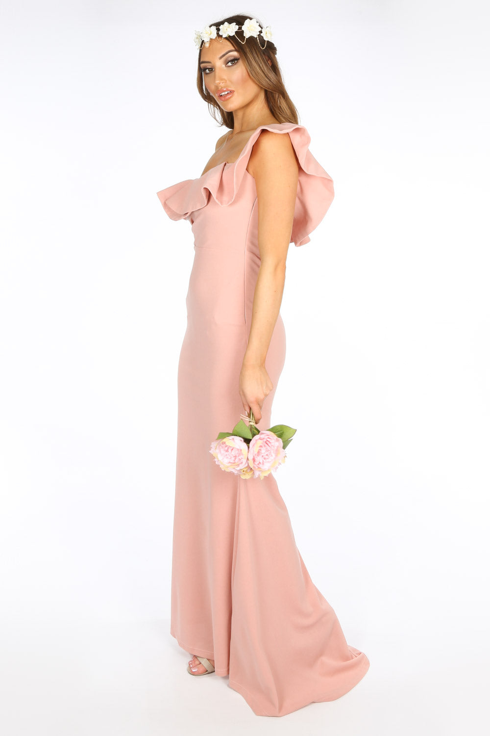Pink One Shoulder Frill Maxi Dress