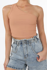 Taupe One Shoulder Ribbed Crop Top