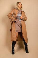 Camel Faux Leather Drop Arm Midi Trench