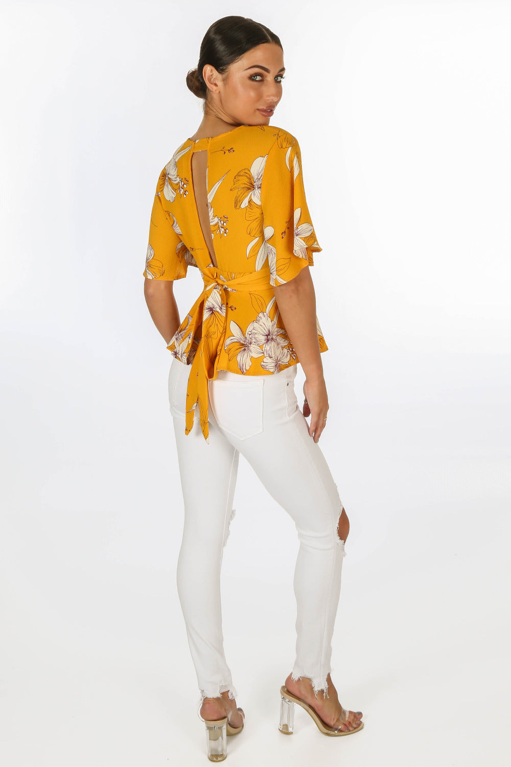 Yellow Floral Peplum Tie Back Blouse