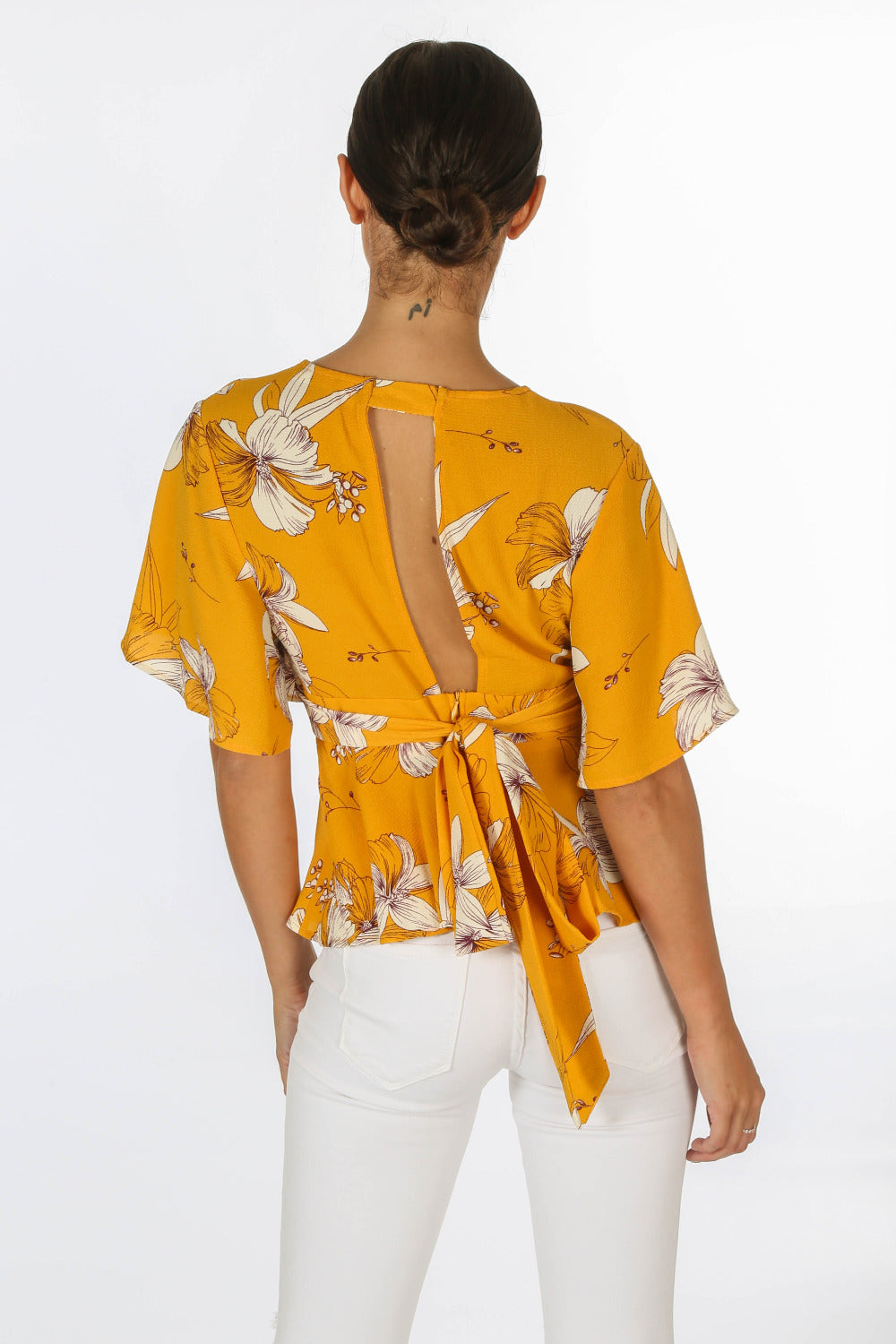 Yellow Floral Peplum Tie Back Blouse
