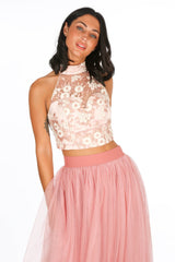 Pink High Neck Embroidered Crop Top