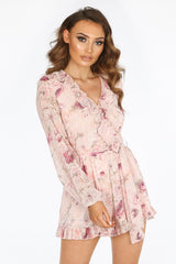 Pink Long Sleeve Chiffon Floral Playsuit