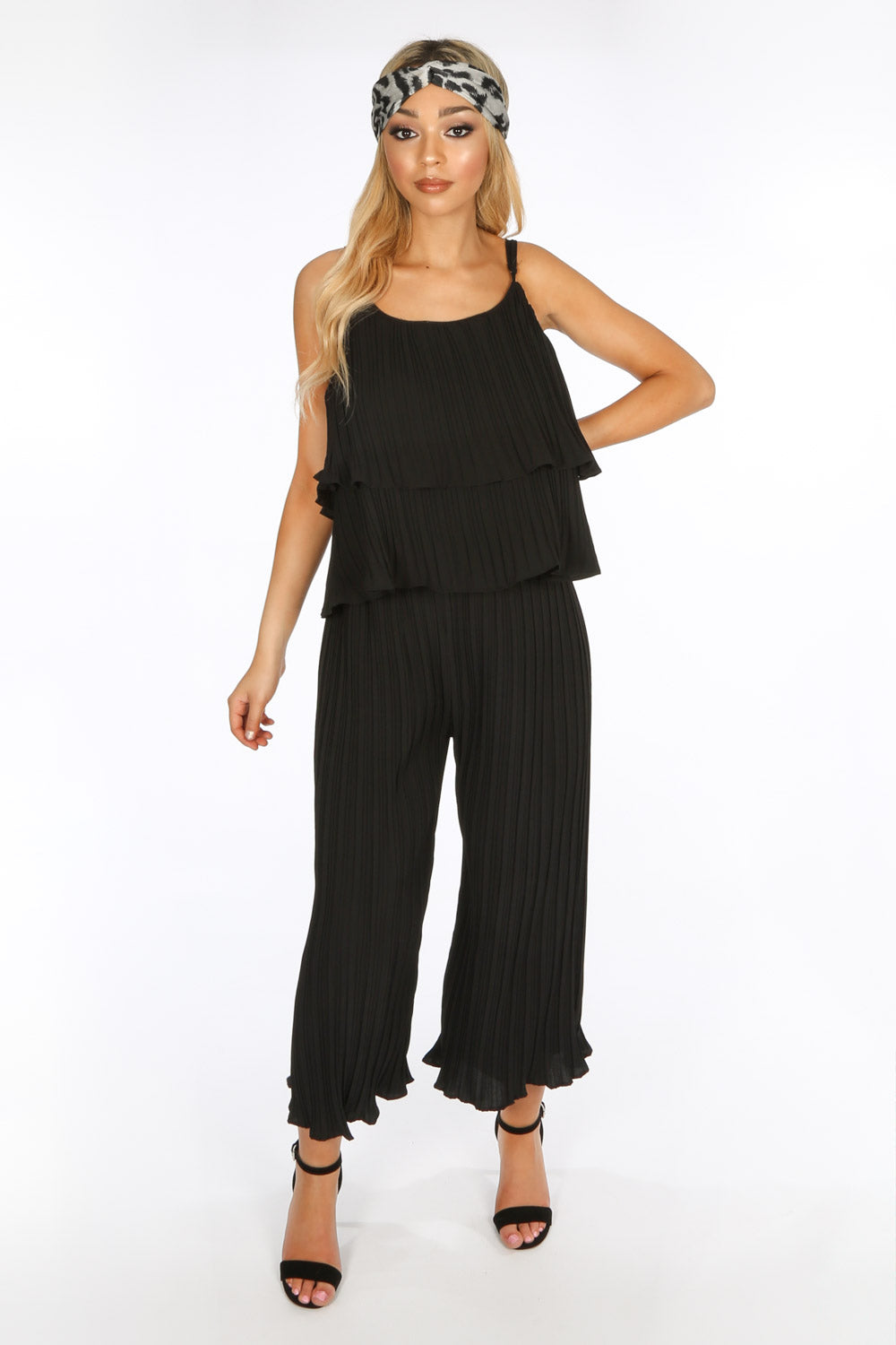 Crinkle Pleat Palazzo Trousers and Cami in Black