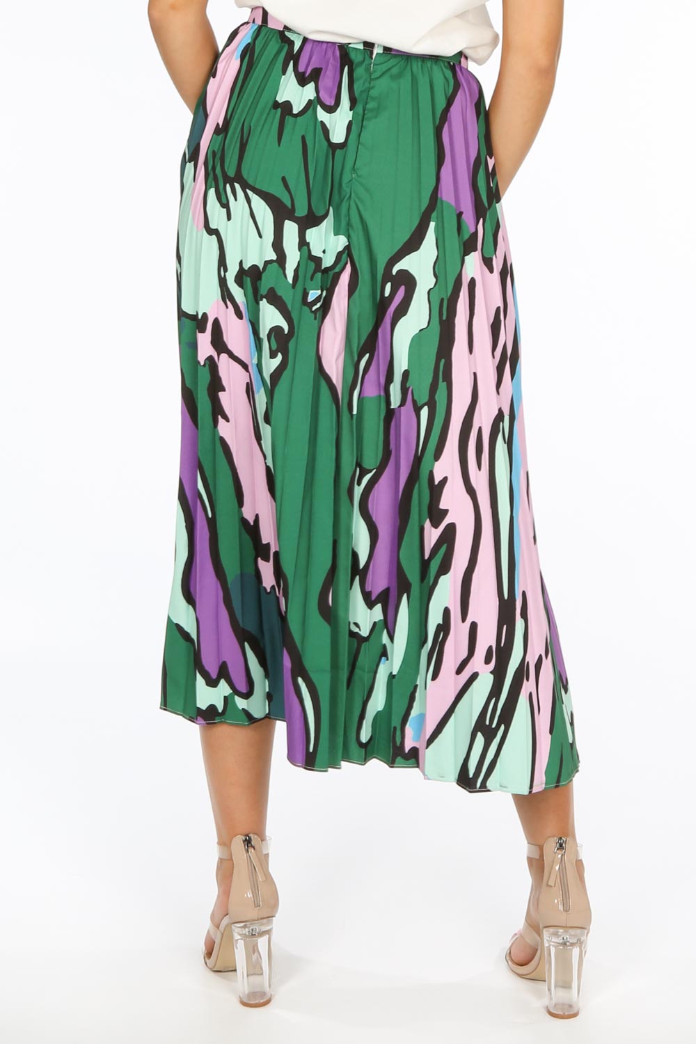 Green Abstract Print Pleated Midi Skirt