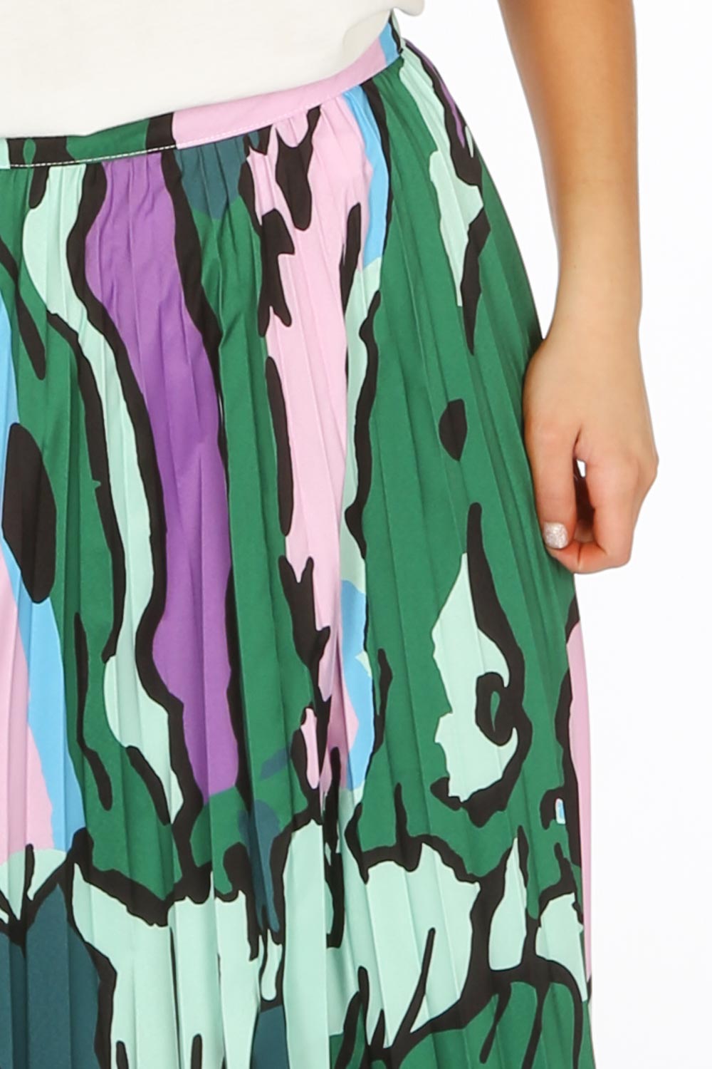 Green Abstract Print Pleated Midi Skirt