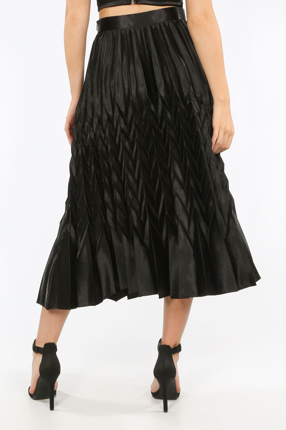Black Satin Chevron Pleated Maxi Skirt
