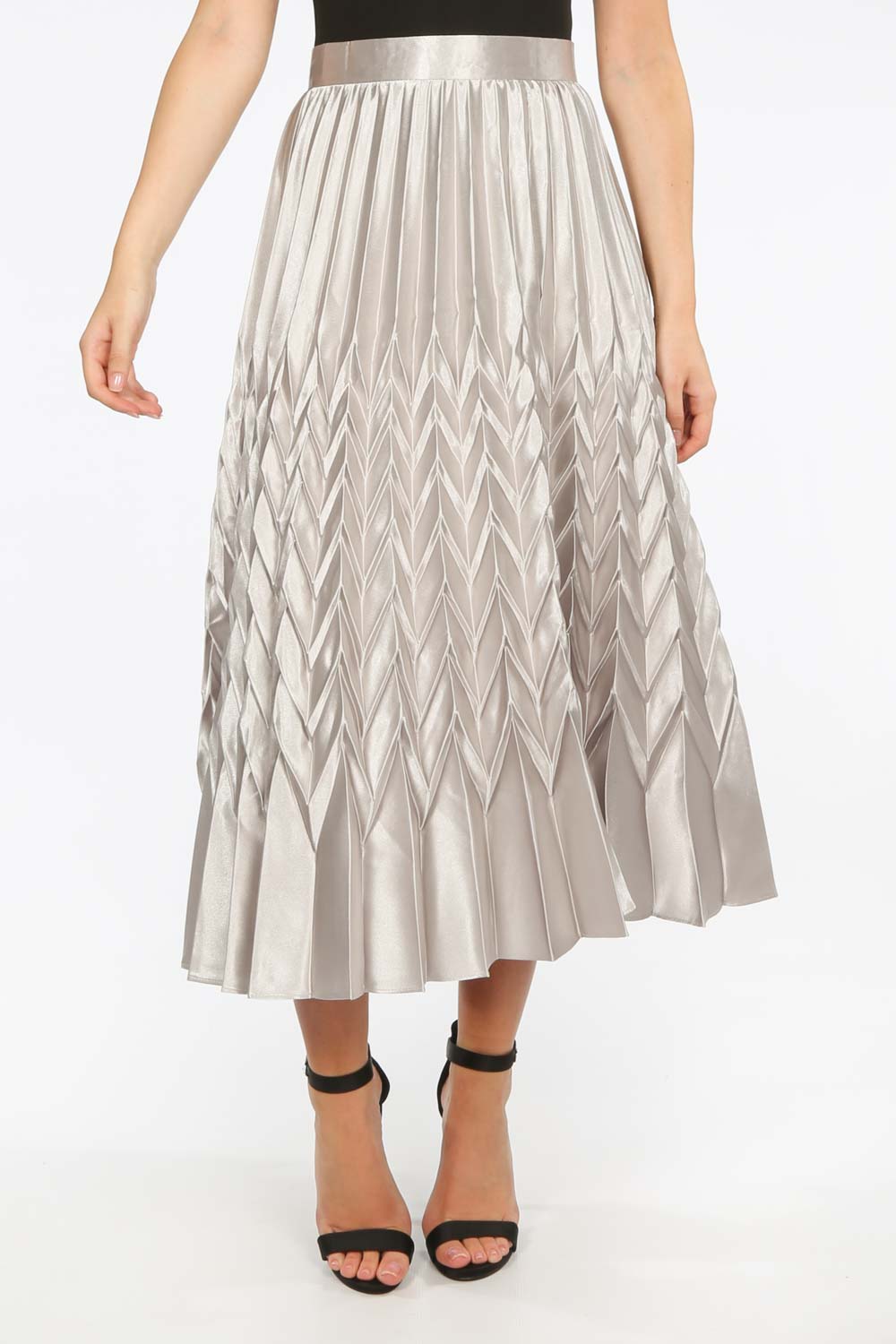 Grey Satin Chevron Pleated Maxi Skirt