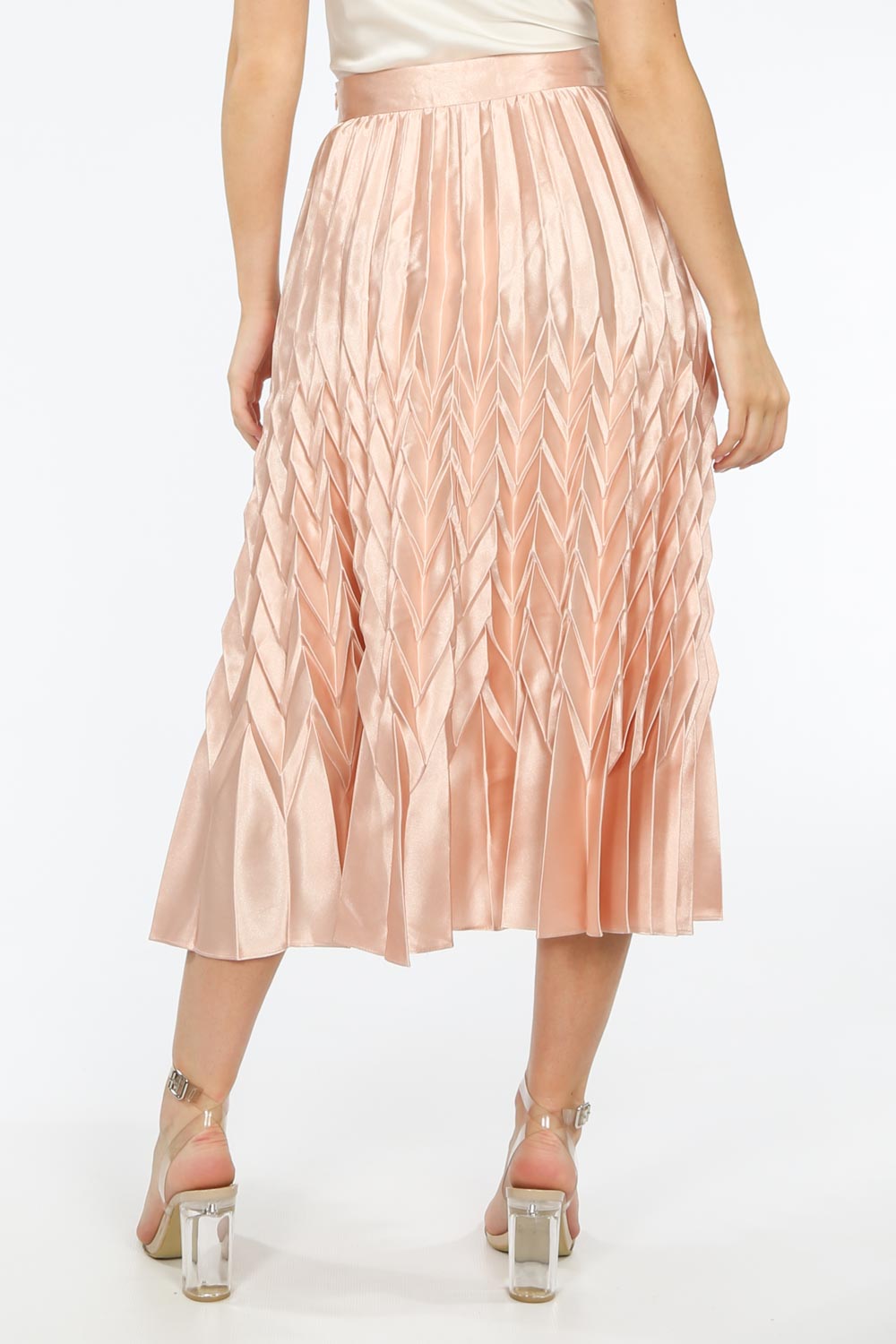 Pink Satin Chevron Pleated Maxi Skirt
