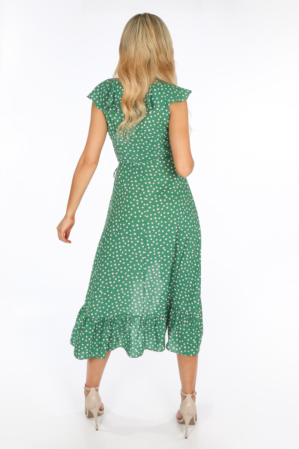 Green Polka Dot Sleeveless Midi Wrap Dress