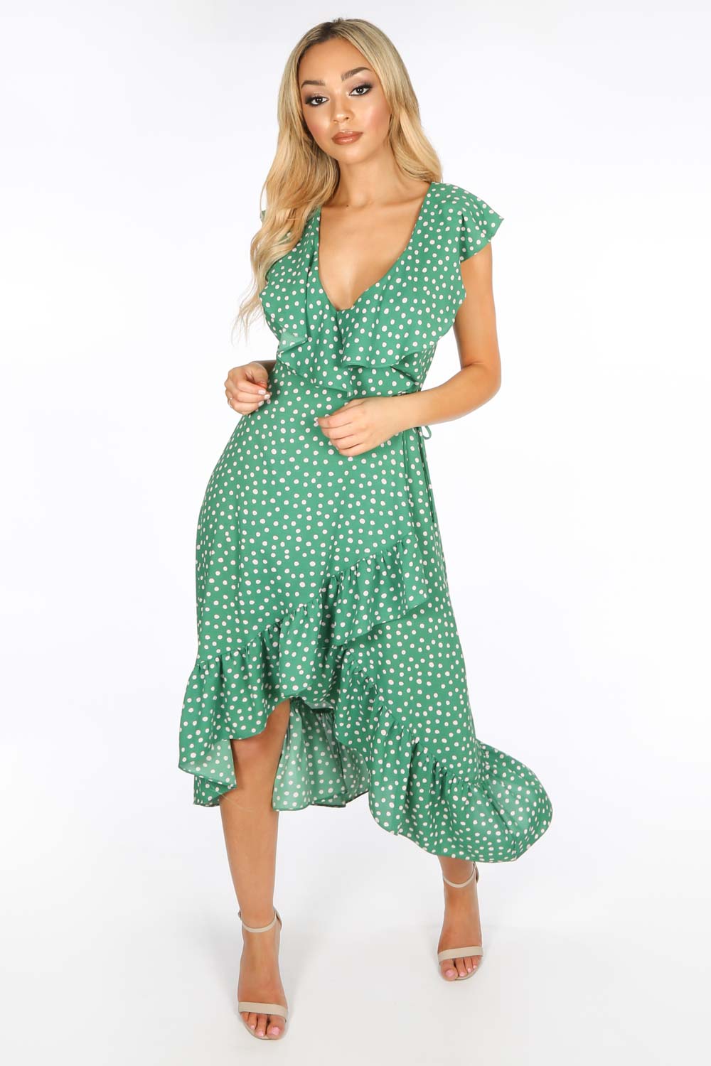 Green Polka Dot Sleeveless Midi Wrap Dress