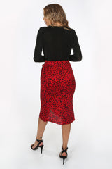 Red Animal Print Wrap Midi Skirt