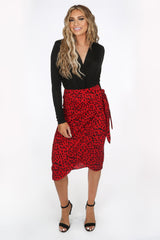 Red Animal Print Wrap Midi Skirt