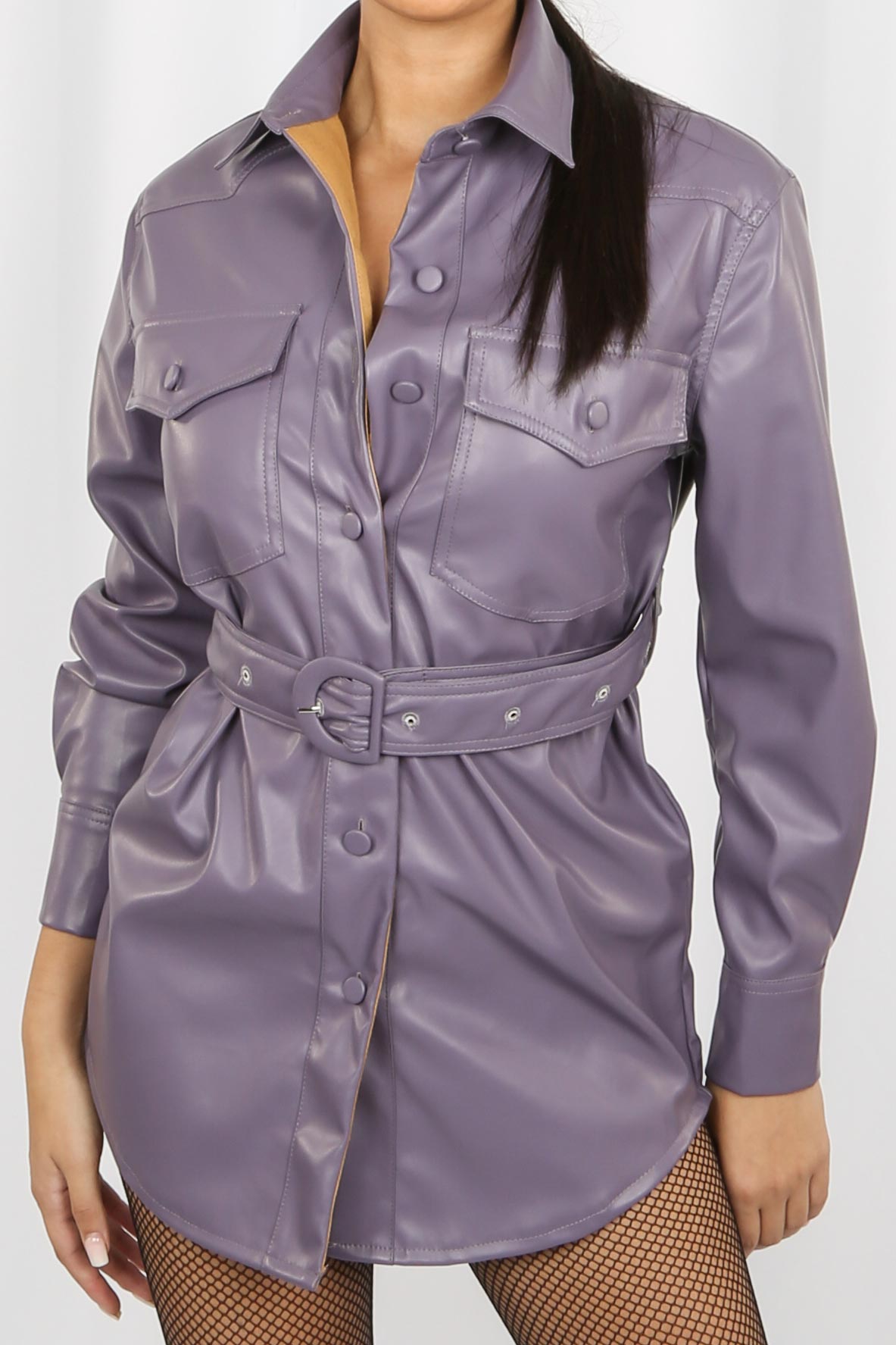 Lilac Faux Leather Pocket Detail Shirt Dress