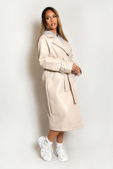 Beige Faux Leather Belted Trench Coat