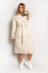 Beige Faux Leather Belted Trench Coat