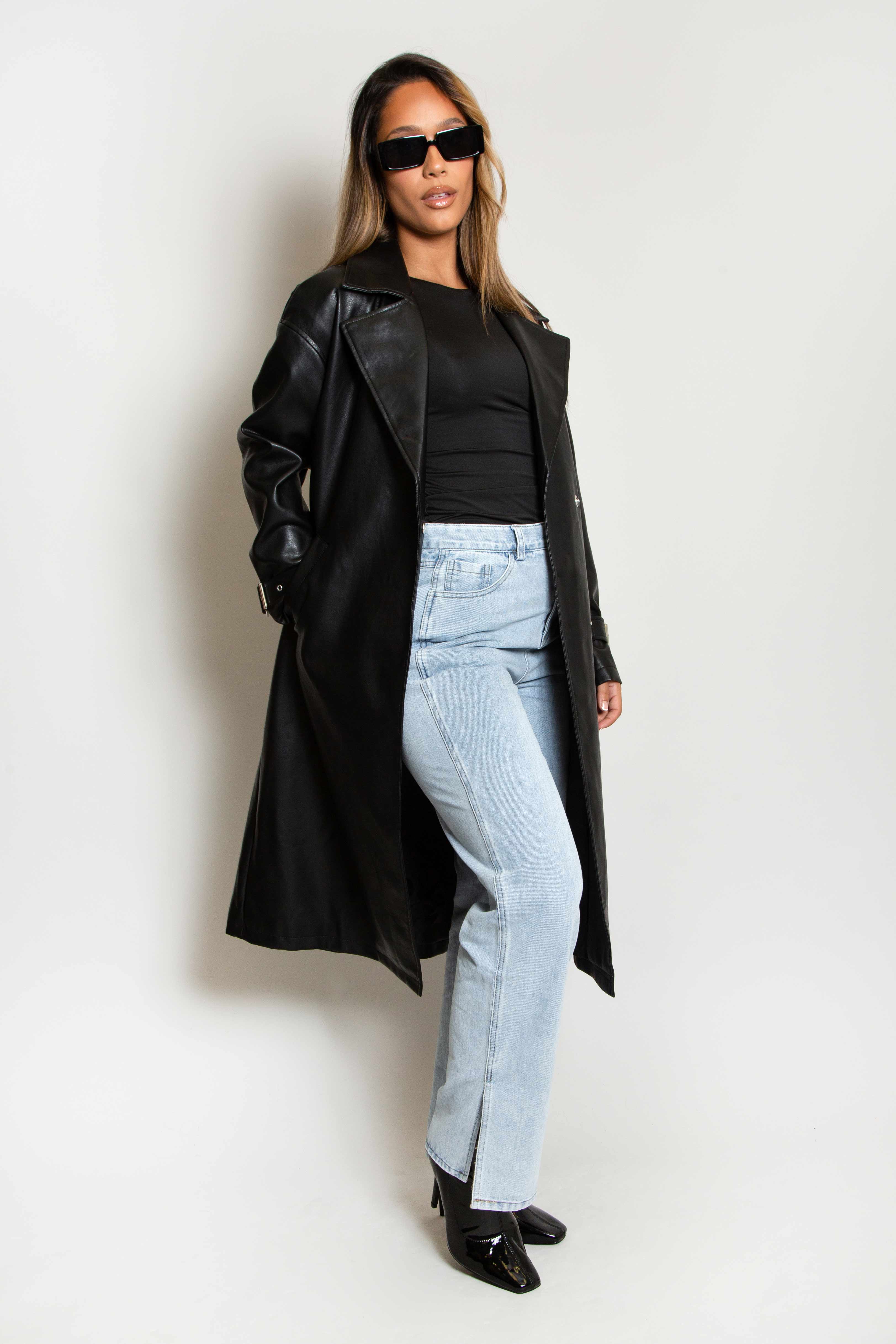 Black Faux Leather Belted Trench Coat