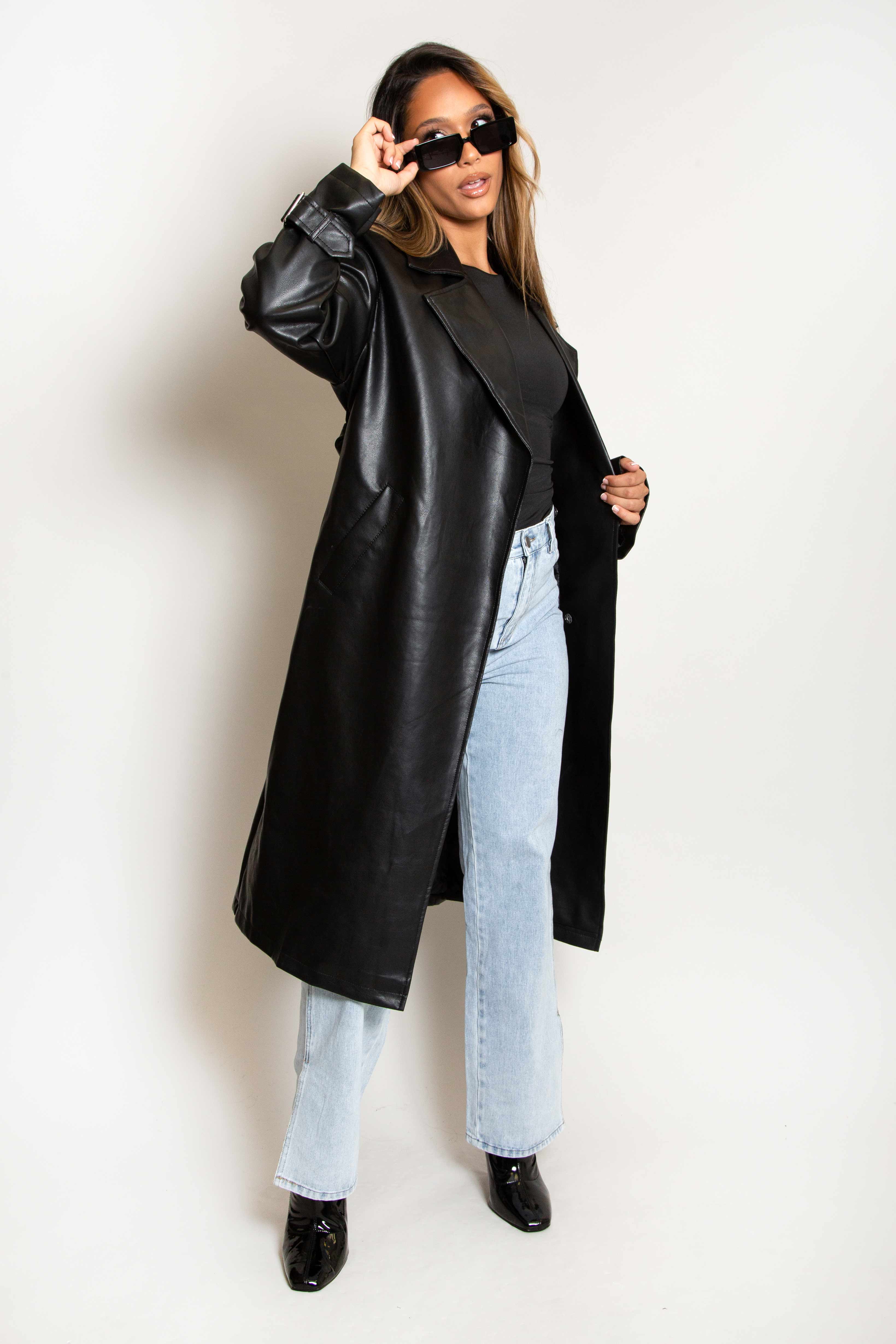 Black Faux Leather Belted Trench Coat
